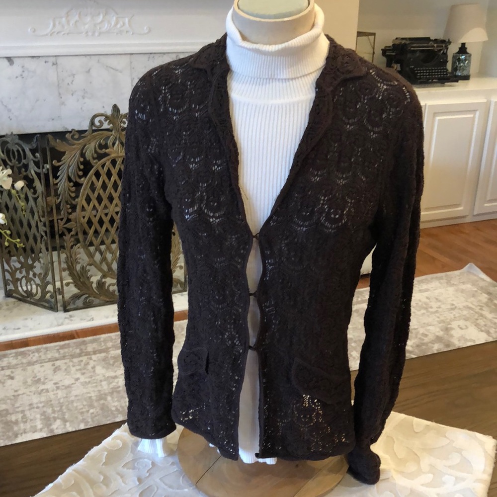 Beautiful crocheted dark brown cardigan; collared neckline;hooked front closure